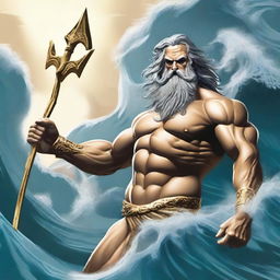 Create an image of Poseidon, the Greek god of the sea, with his trident, engaged in battle