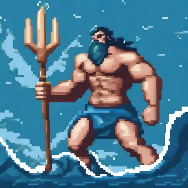 Create a pixel art image of Poseidon, the Greek god of the sea, with his trident, engaged in battle