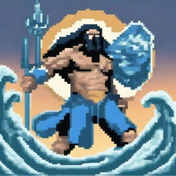 Create a pixel art image of Poseidon, the Greek god of the sea, with his trident, engaged in battle