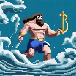 Create a pixel art image of Poseidon, the Greek god of the sea, with his trident, engaged in battle