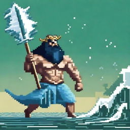 Create a pixel art image of Poseidon, the Greek god of the sea, with his trident, engaged in battle