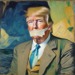 Create an image of Donald Trump replacing Vincent van Gogh in the famous painting 'Self-Portrait with Bandaged Ear' from 1889