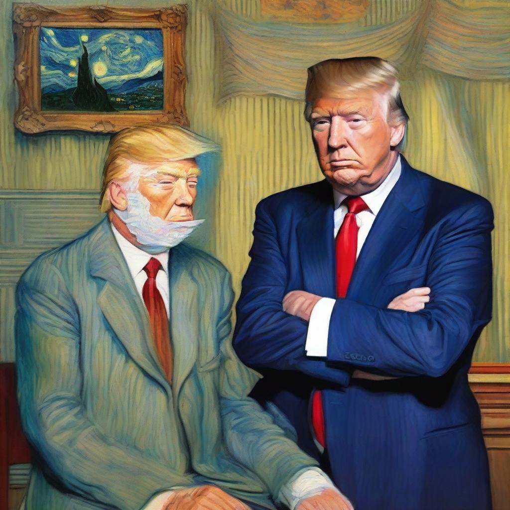 Create an image of Donald Trump replacing Vincent van Gogh in the famous painting 'Self-Portrait with Bandaged Ear' from 1889