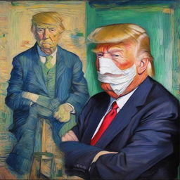 Create an image of Donald Trump replacing Vincent van Gogh in the famous painting 'Self-Portrait with Bandaged Ear' from 1889