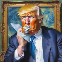 Create an image of Donald Trump replacing Vincent van Gogh in the famous painting 'Self-Portrait with Bandaged Ear' from 1889