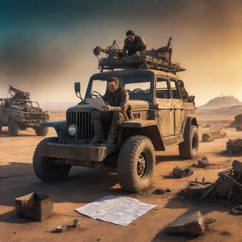 A vibrant cartoon image of an accountant intricately preparing a tax return in the cab of a rugged, Mad Max-style vehicle amidst a desolate, post-apocalyptic wasteland.