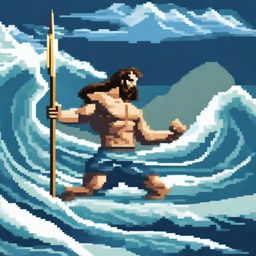 Create a full-body pixel art image of Poseidon, the Greek god of the sea, fighting with his trident