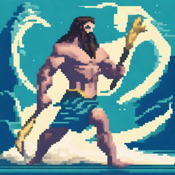 Create a full-body pixel art image of Poseidon, the Greek god of the sea, fighting with his trident