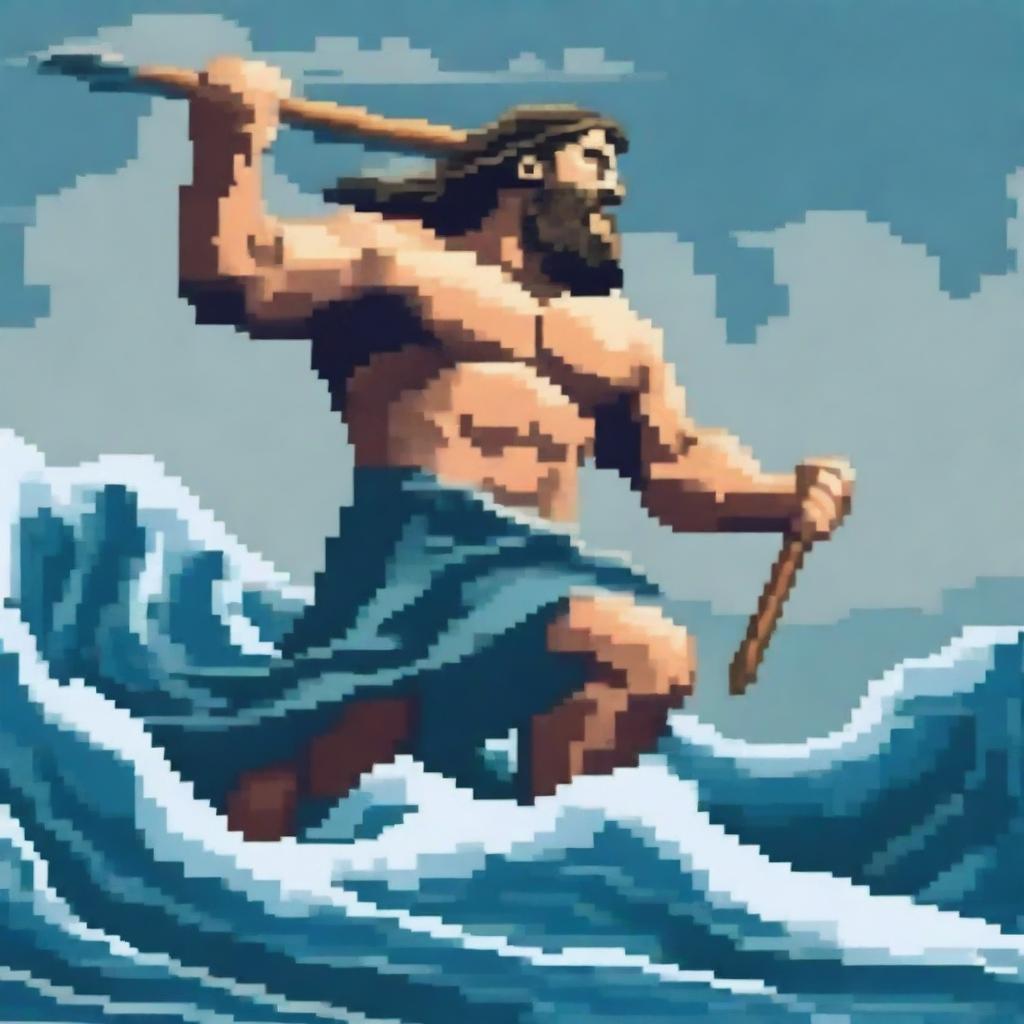 Create a full-body pixel art image of Poseidon, the Greek god of the sea, fighting with his trident