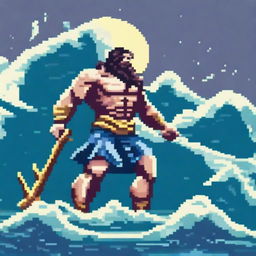 Create a full-body pixel art image of Poseidon, the Greek god of the sea, fighting with his trident