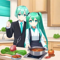 Hatsune Miku, the popular virtual singer, is holding a leek in her hand while cooking alongside İlham Aliyev, the President of Azerbaijan