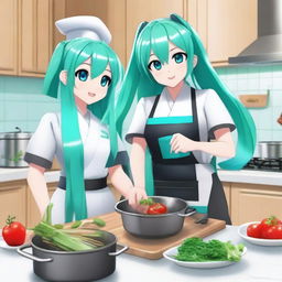 Hatsune Miku, the popular virtual singer, is holding a leek in her hand while cooking alongside İlham Aliyev, the President of Azerbaijan