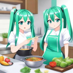 Hatsune Miku, the popular virtual singer, is holding a leek in her hand while cooking alongside İlham Aliyev, the President of Azerbaijan