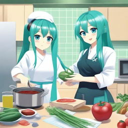 Hatsune Miku, the popular virtual singer, is holding a leek in her hand while cooking alongside İlham Aliyev, the President of Azerbaijan