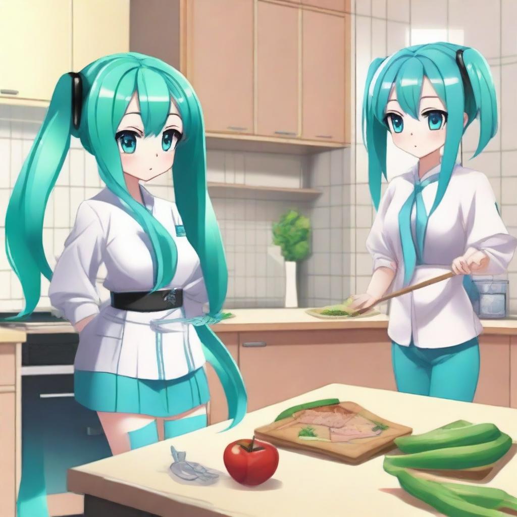 Hatsune Miku, the virtual pop star, holding a leek in her hand while cooking