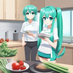 Hatsune Miku, the virtual pop star, holding a leek in her hand while cooking