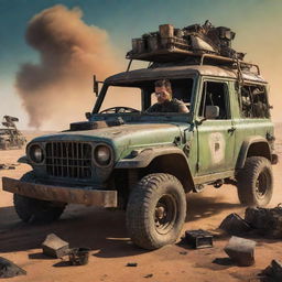 A vibrant cartoon image of an accountant intricately preparing a tax return in the cab of a rugged, Mad Max-style vehicle amidst a desolate, post-apocalyptic wasteland.