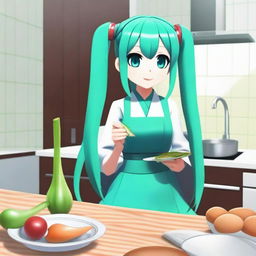 Hatsune Miku, the virtual pop star, holding a leek in her hand while cooking