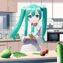 Hatsune Miku, the virtual pop star, holding a leek in her hand while cooking