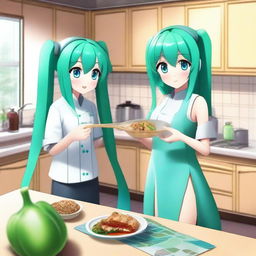 Hatsune Miku, the virtual pop star, holding a leek in her hand while cooking