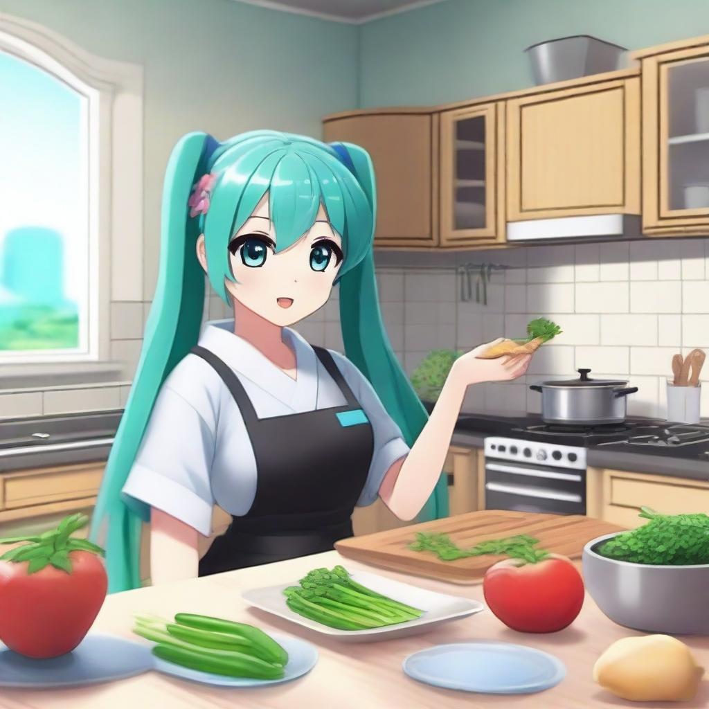 Hatsune Miku, the virtual pop star, holding a leek in her hand while cooking