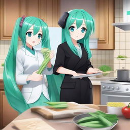 Hatsune Miku, the virtual pop star, holding a leek in her hand while cooking