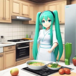 Hatsune Miku, the virtual pop star, holding a leek in her hand while cooking