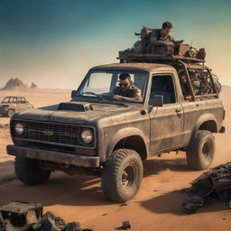 A vibrant cartoon image of an accountant intricately preparing a tax return in the cab of a rugged, Mad Max-style vehicle amidst a desolate, post-apocalyptic wasteland.