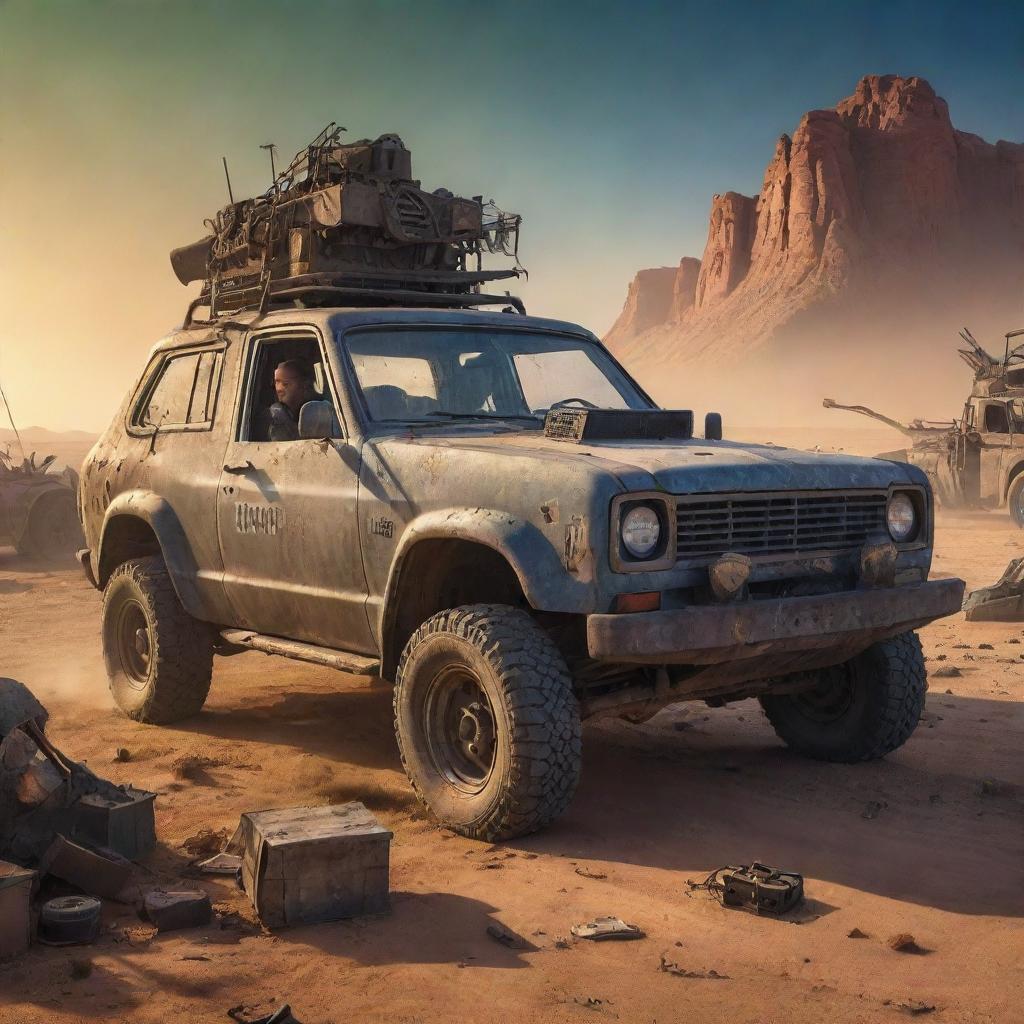 A vibrant cartoon image of an accountant intricately preparing a tax return in the cab of a rugged, Mad Max-style vehicle amidst a desolate, post-apocalyptic wasteland.