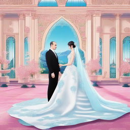 A surreal and imaginative scene featuring İlham Aliyev, the President of Azerbaijan, marrying Hatsune Miku, the popular virtual singer from Japan