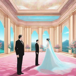 A surreal and imaginative scene featuring İlham Aliyev, the President of Azerbaijan, marrying Hatsune Miku, the popular virtual singer from Japan