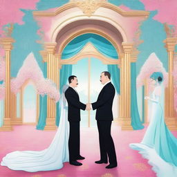 A surreal and imaginative scene featuring İlham Aliyev, the President of Azerbaijan, marrying Hatsune Miku, the popular virtual singer from Japan