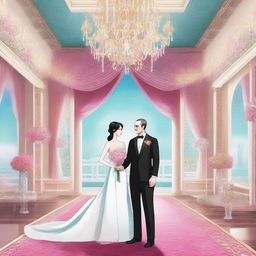 A surreal and imaginative scene featuring İlham Aliyev, the President of Azerbaijan, marrying Hatsune Miku, the popular virtual singer from Japan