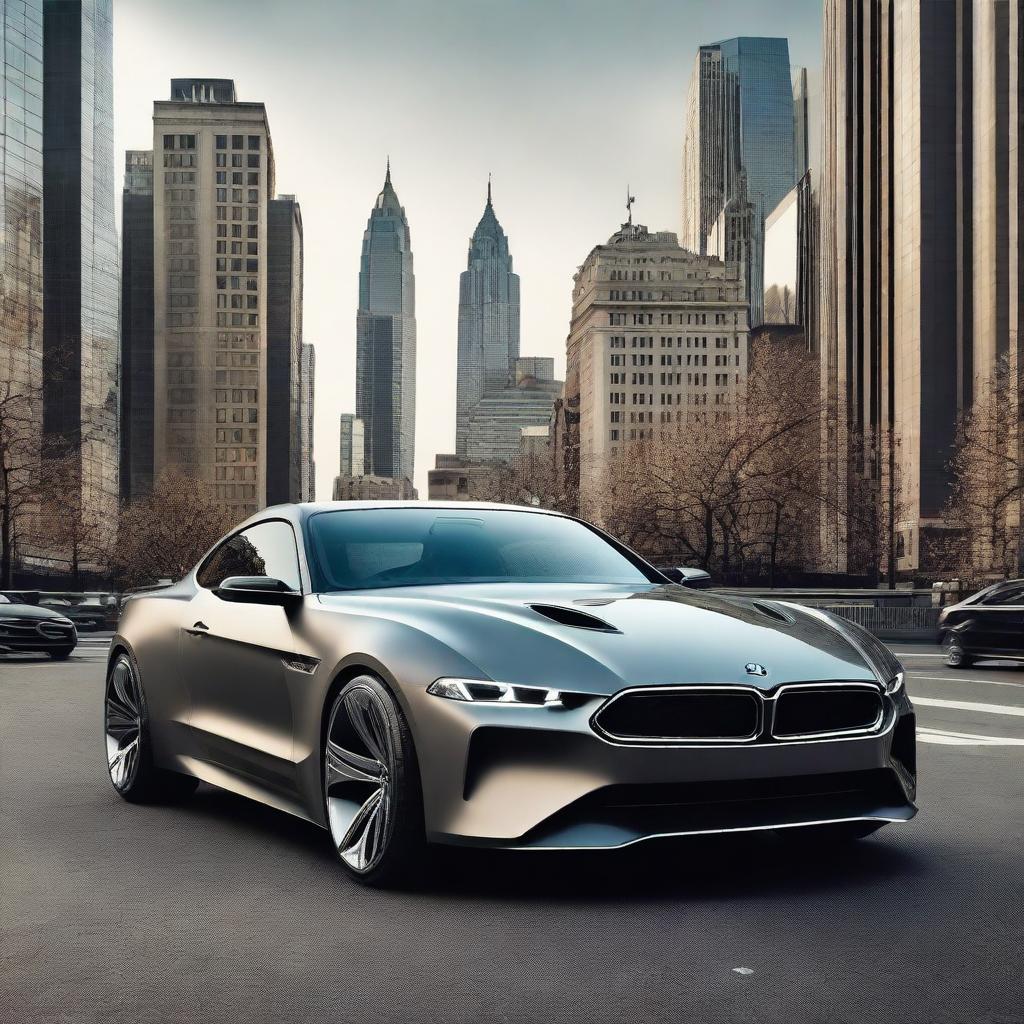 Create an image of a hybrid vehicle that is part BMW, part Mustang, and part war tank