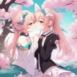 A detailed illustration of Astolfo from Fate/Apocrypha kissing Hatsune Miku from Vocaloid