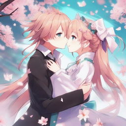 A detailed illustration of Astolfo from Fate/Apocrypha kissing Hatsune Miku from Vocaloid