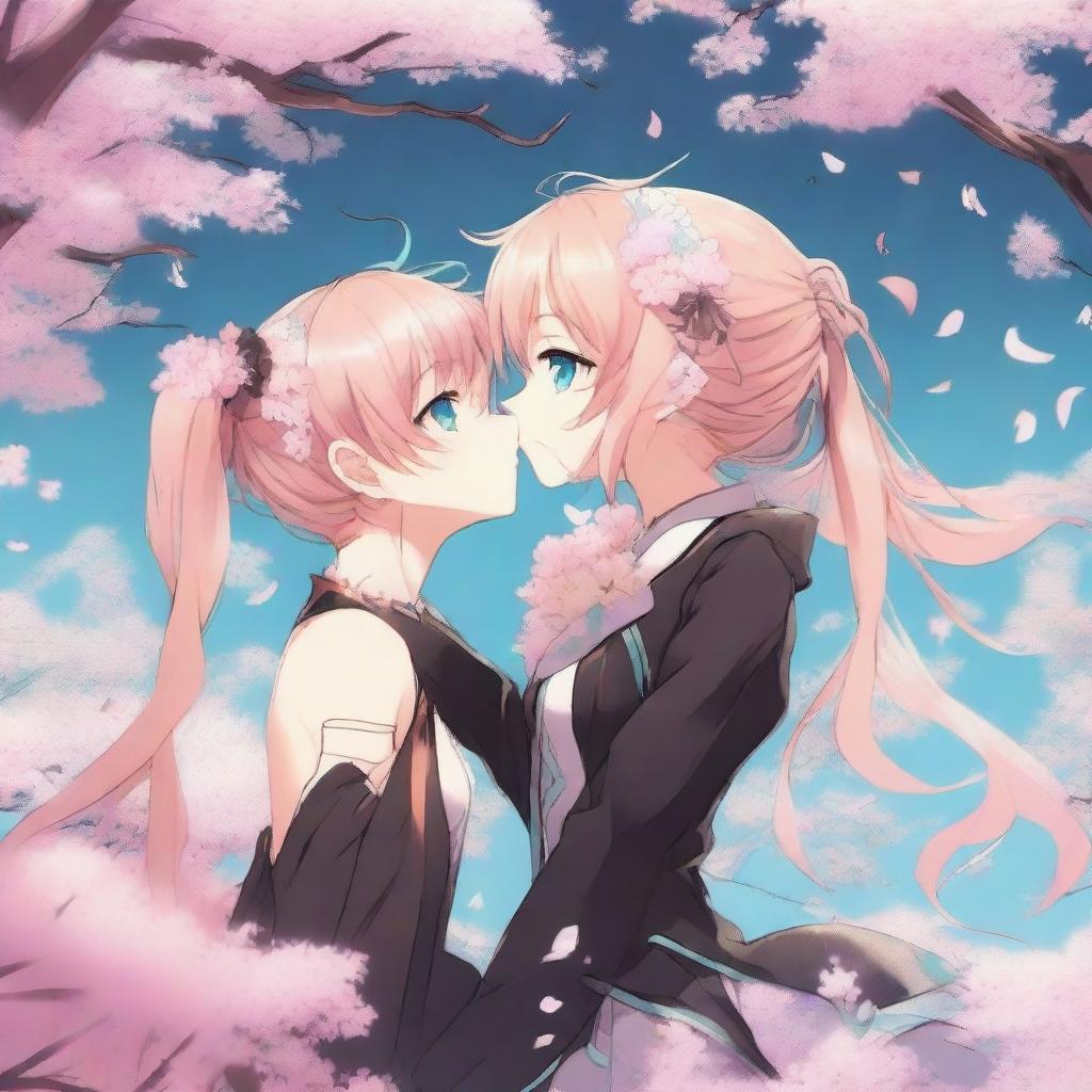 A detailed illustration of Astolfo from Fate/Apocrypha kissing Hatsune Miku from Vocaloid