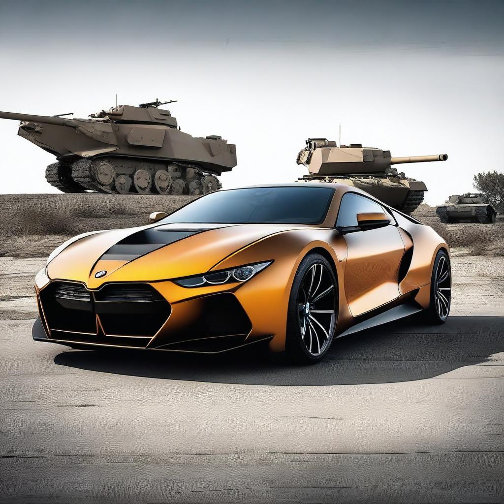 Create an image featuring a unique vehicle that is one third BMW, one third Mustang, and one third war tank