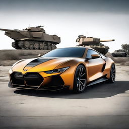 Create an image featuring a unique vehicle that is one third BMW, one third Mustang, and one third war tank