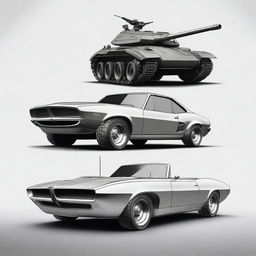 Create an image featuring a unique vehicle that is one third BMW, one third Mustang, and one third war tank