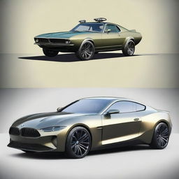 Create an image featuring a unique vehicle that is one third BMW, one third Mustang, and one third war tank