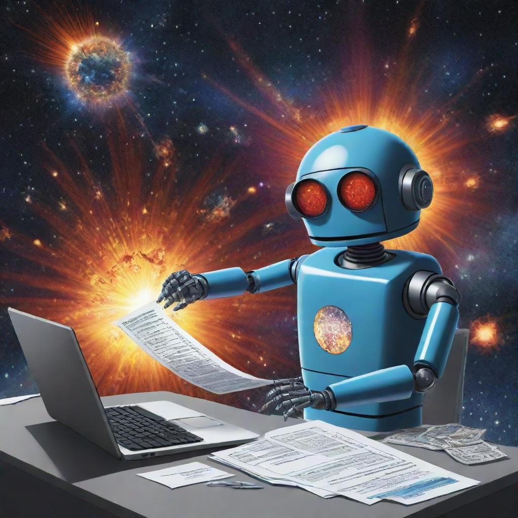 A lively cartoon illustrating a robot accountant diligently preparing a tax return in a spaceship, with a spectacular supernova explosion illuminating the distant cosmos in the backdrop.