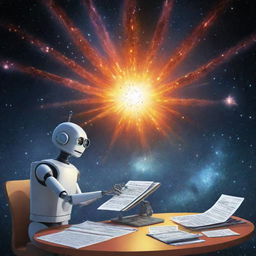 A lively cartoon illustrating a robot accountant diligently preparing a tax return in a spaceship, with a spectacular supernova explosion illuminating the distant cosmos in the backdrop.