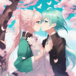 A detailed illustration of femboy Astolfo from Fate/Apocrypha kissing turquoise-haired Hatsune Miku from Vocaloid