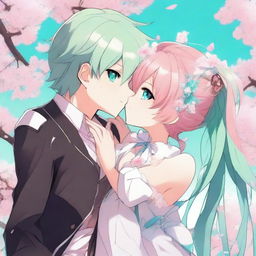 A detailed illustration of femboy Astolfo from Fate/Apocrypha kissing turquoise-haired Hatsune Miku from Vocaloid