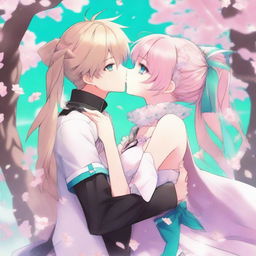 A detailed illustration of femboy Astolfo from Fate/Apocrypha kissing turquoise-haired Hatsune Miku from Vocaloid