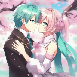 A detailed illustration of femboy Astolfo from Fate/Apocrypha kissing turquoise-haired Hatsune Miku from Vocaloid