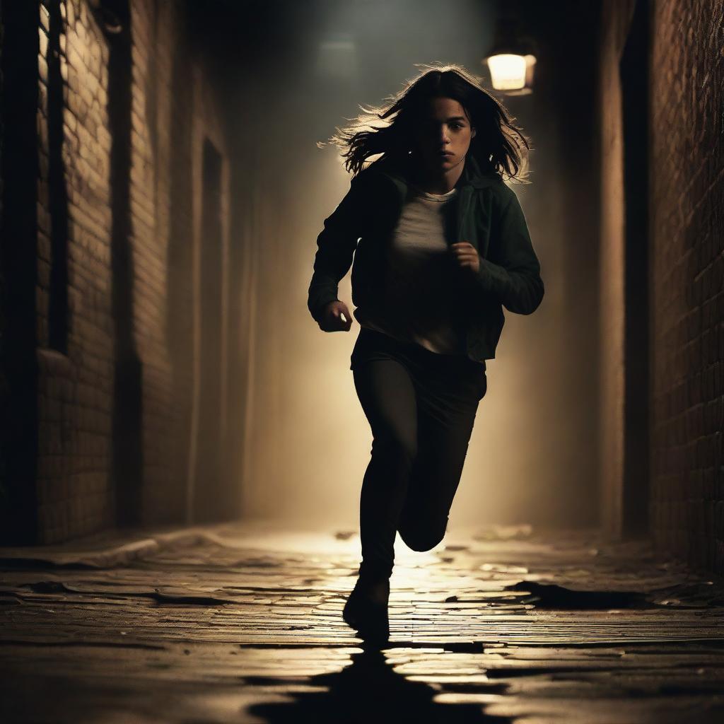 A 17-year-old brunette girl running away from a killer in a suspenseful and intense scene