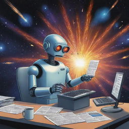 A lively cartoon illustrating a robot accountant diligently preparing a tax return in a spaceship, with a spectacular supernova explosion illuminating the distant cosmos in the backdrop.