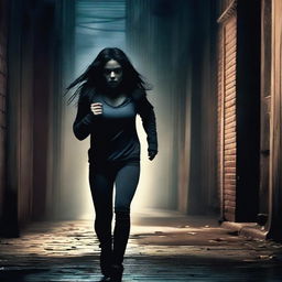 A 17-year-old brunette girl running away from a killer in a suspenseful and intense scene